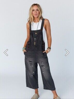 Women’s Gray Distressed Denim Overalls